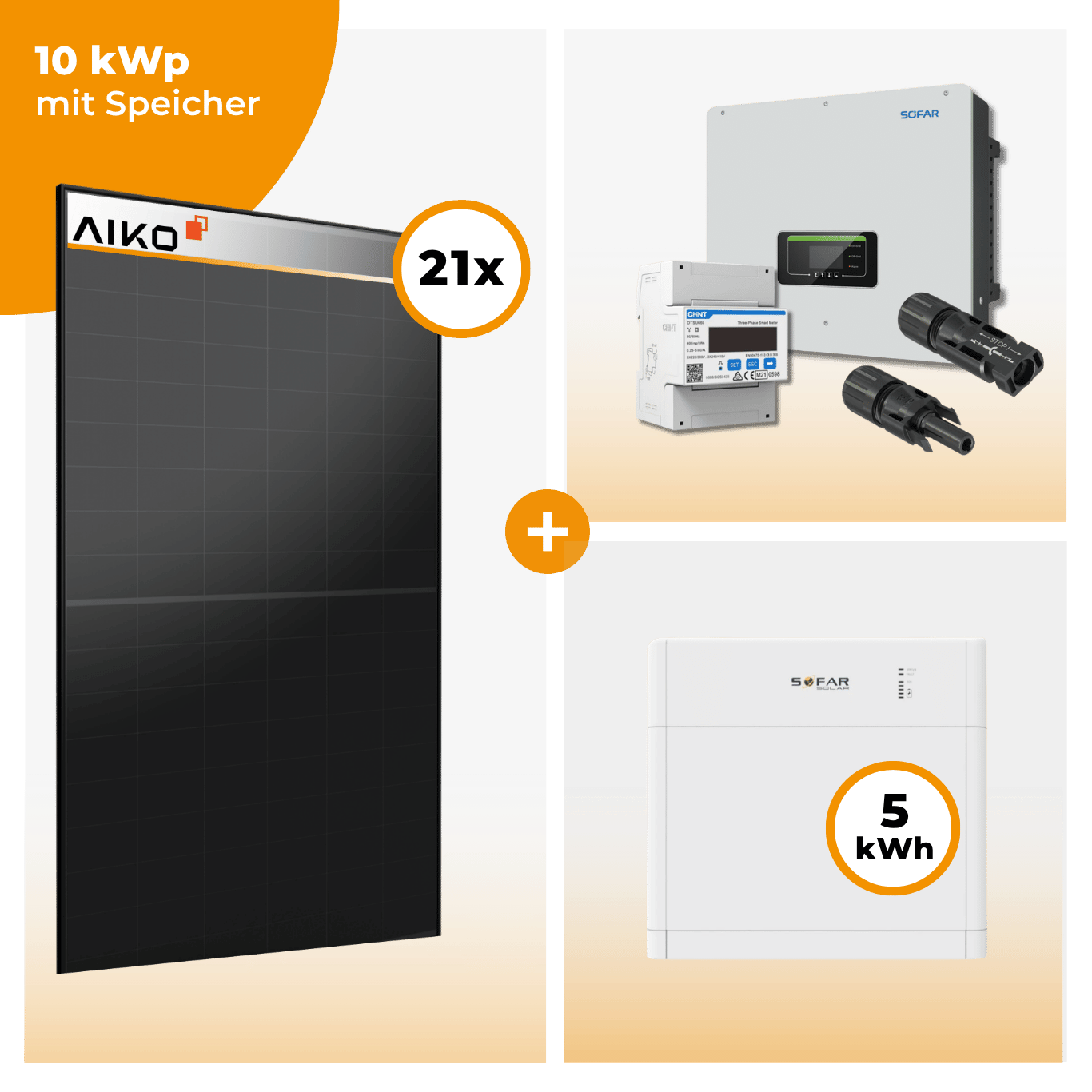 PV Komplettset 10 kWp – 21 x Aiko 470 Neostar 3S+ & SofarSolar HYD KTL-3PH opt. SofarSolar BTS DS5 Speicher