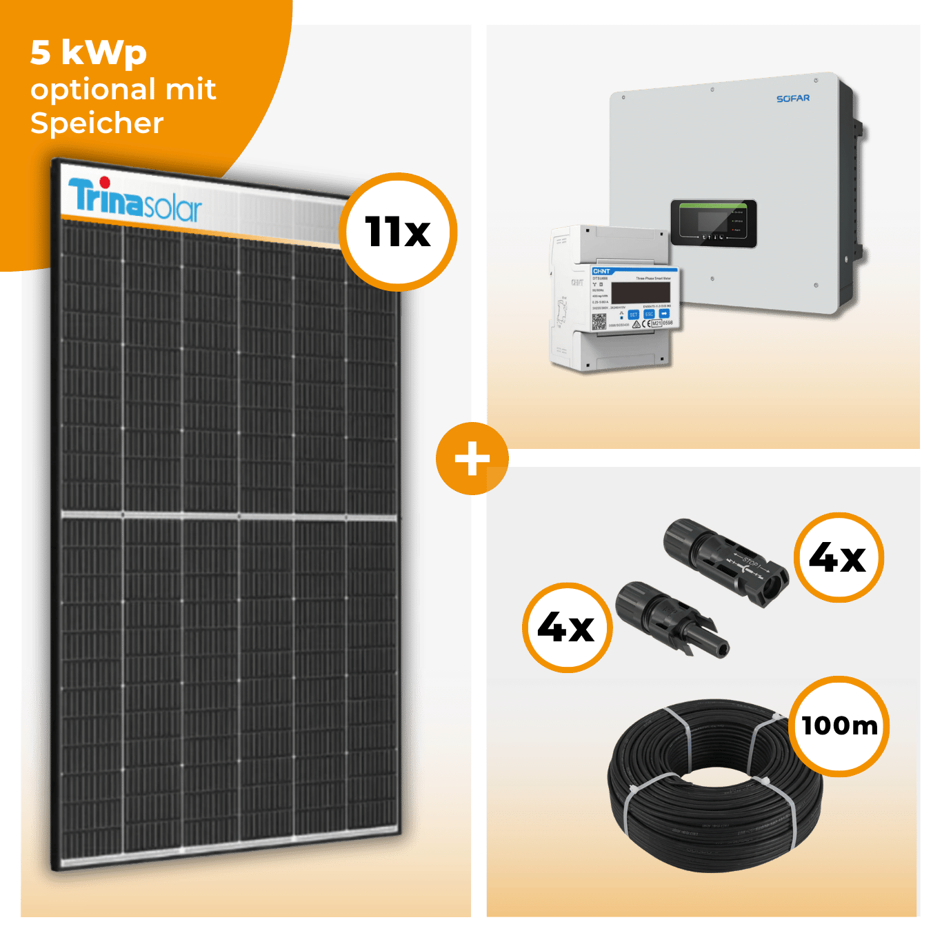 PV Komplettset 5 kWp – 11 x Trina 455 Black Frame & SofarSolar HYD KTL-3PH opt. SofarSolar BTS DS5 Speicher