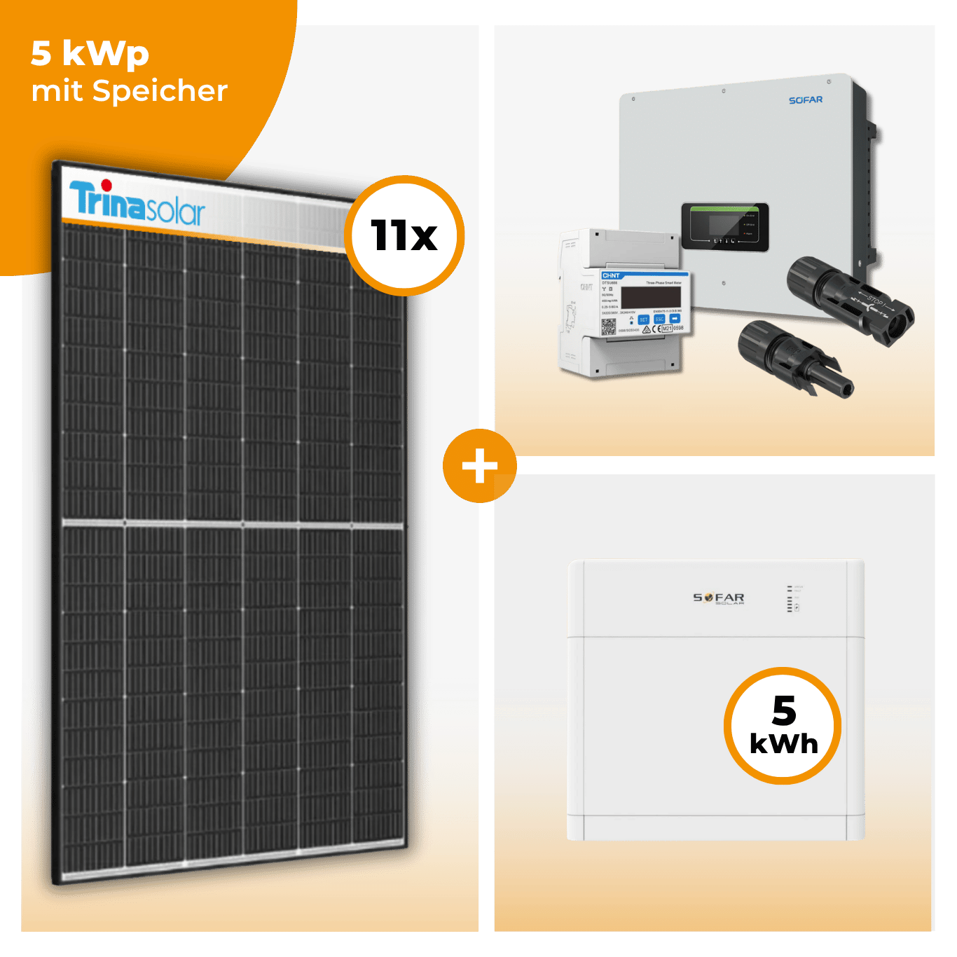 PV Komplettset 5 kWp – 11 x Trina 455 Black Frame & SofarSolar HYD KTL-3PH opt. SofarSolar BTS DS5 Speicher