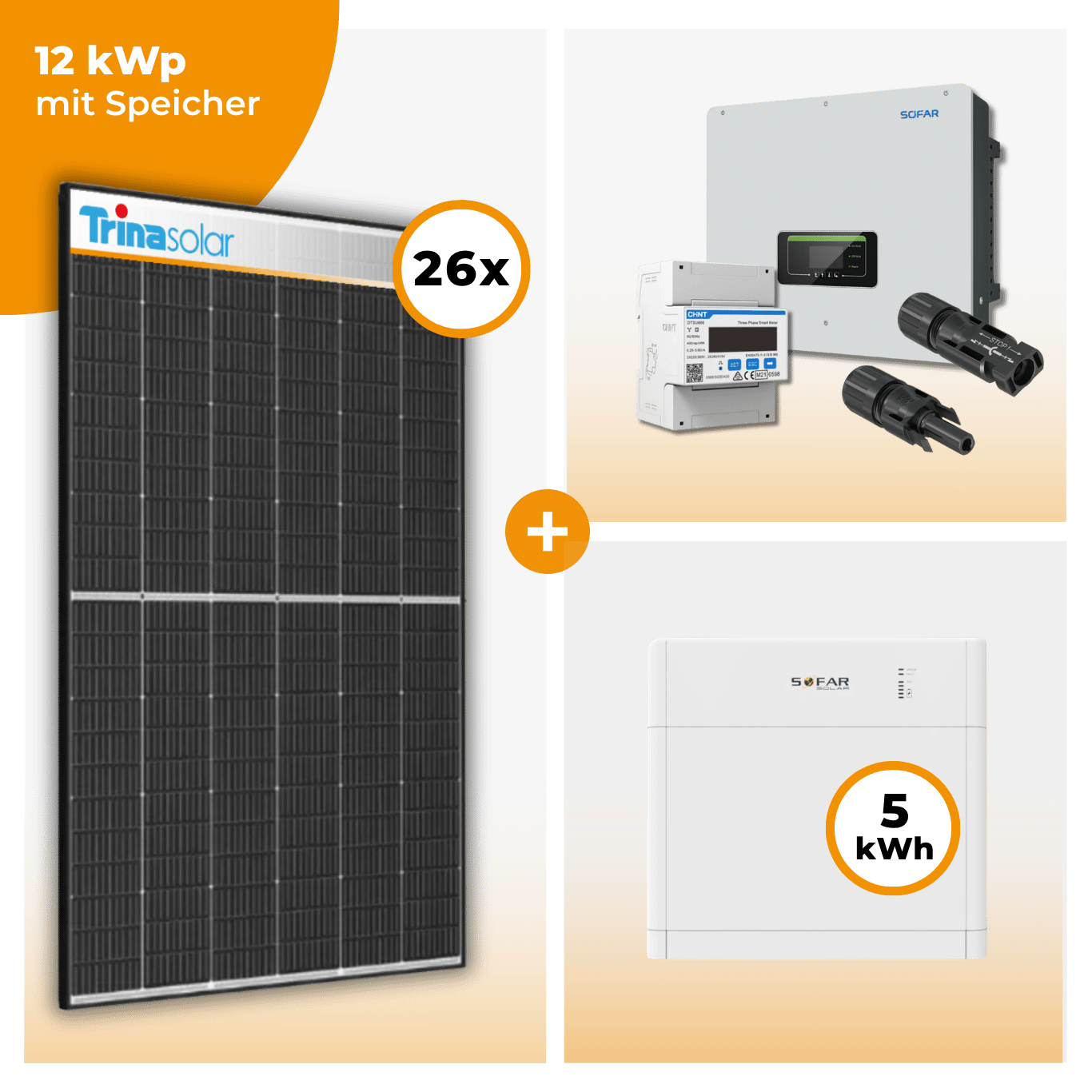PV Komplettset 12 kWp – 26 x Trina 455 Black Frame & SofarSolar HYD KTL-3PH opt. SofarSolar BTS DS5 Speicher