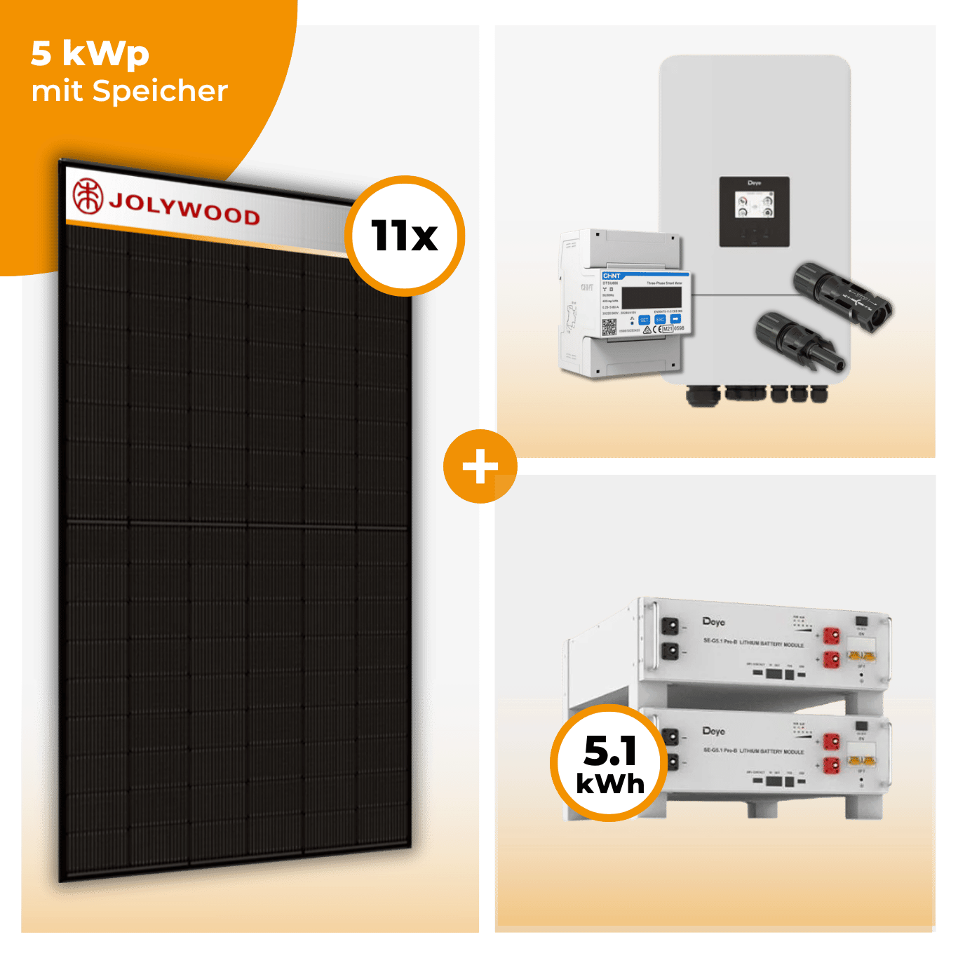 PV Komplettset 5 kWp – 11 x Jolywood 455 Full Black & Deye SUN-5K-SG05LP3-EU-SM2 opt. Deye SE-G5.1 pro B - LV Speicher