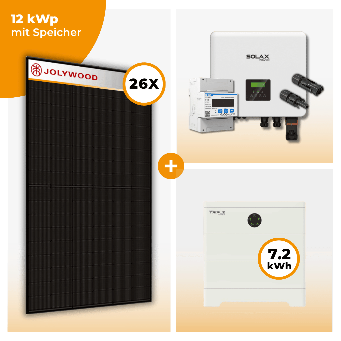 PV Komplettset 12 kWp – 26 x Jolywood 455 Full Black & Solax X3 Hybrid opt. T-BAT SYS Speicher