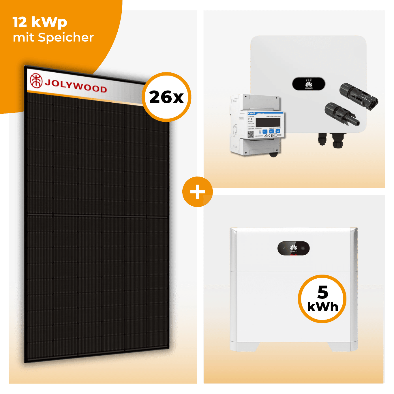 PV Komplettset 12 kWp – 26 x Jolywood 455 Full Black & Huawei SUN2000 MAP0 opt. Huawei LUNA2000 Speicher