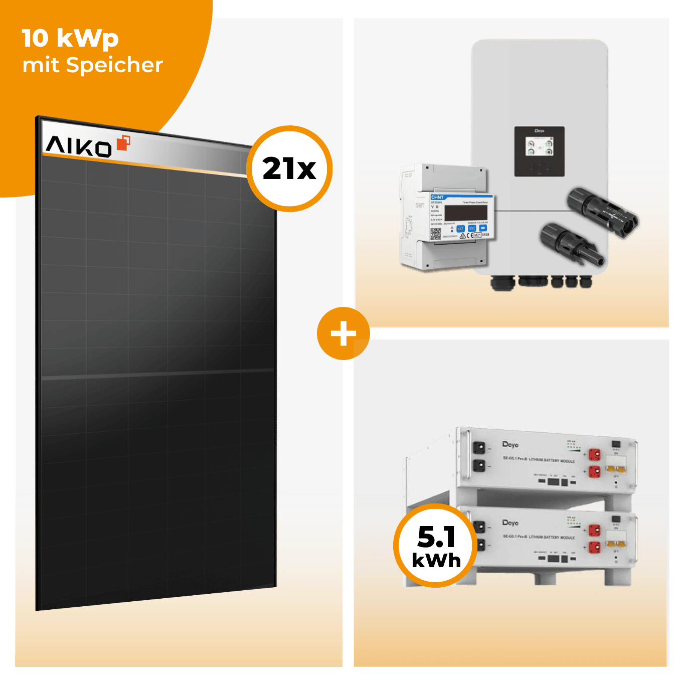 PV Komplettset 10 kWp – 21 x Aiko 470 Neostar 3S+ & Deye SUN-10K-SG05LP3-EU-SM2 opt. Deye SE-G5.1 pro B - LV Speicher