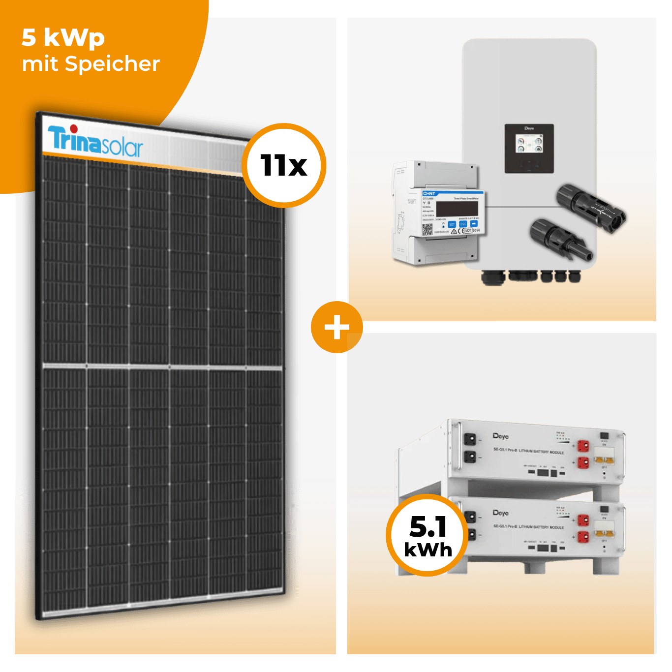 PV Komplettset 5 kWp – 11 x Trina 455 Black Frame & Deye SUN-5K-SG05LP3-EU-SM2 opt. Deye SE-G5.1 pro B - LV Speicher