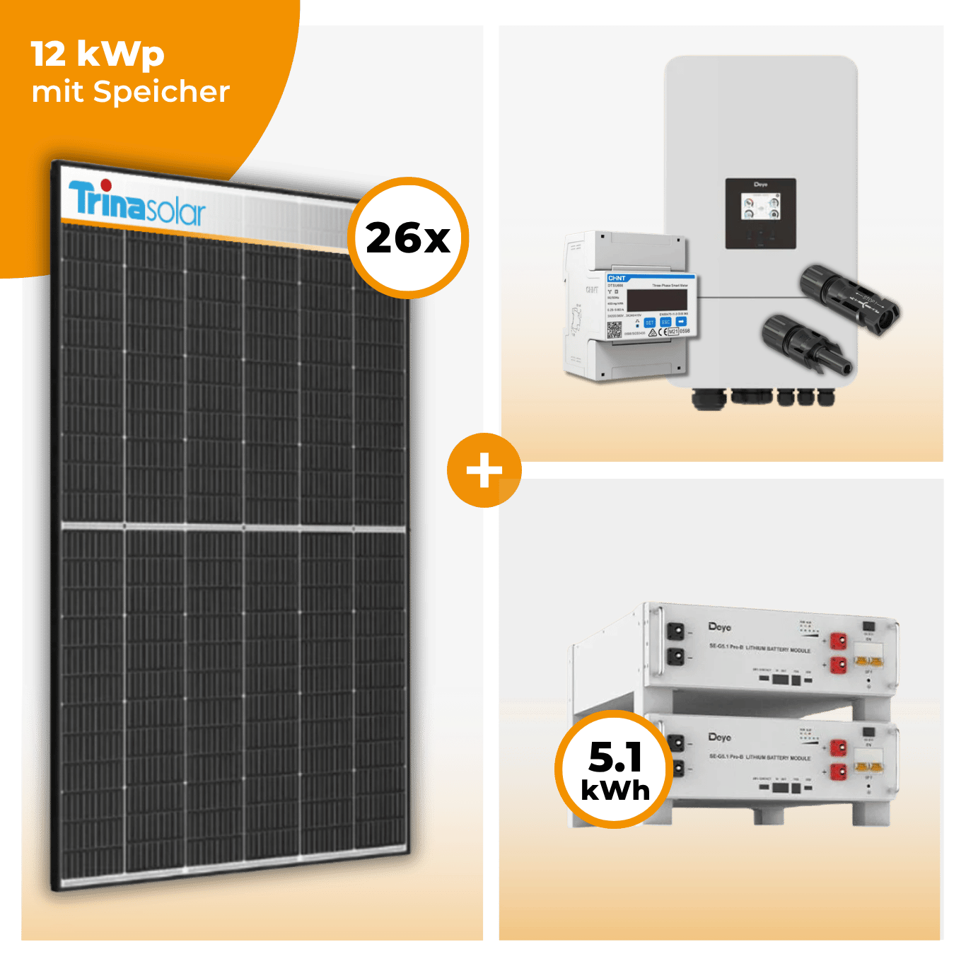 PV Komplettset 12 kWp – 26 x Trina 455 Black Frame & Deye SUN-12K-SG05LP3-EU-SM2 opt. Deye SE-G5.1 pro B - LV Speicher