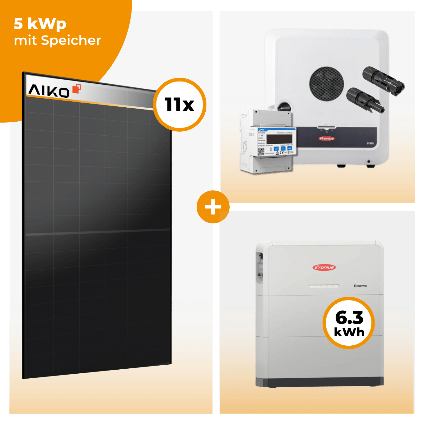 PV Komplettset 5 kWp – 11 x Aiko 470 Neostar 3S+ & Fronius Symo GEN24 Plus opt. Fronius Reserva Speicher