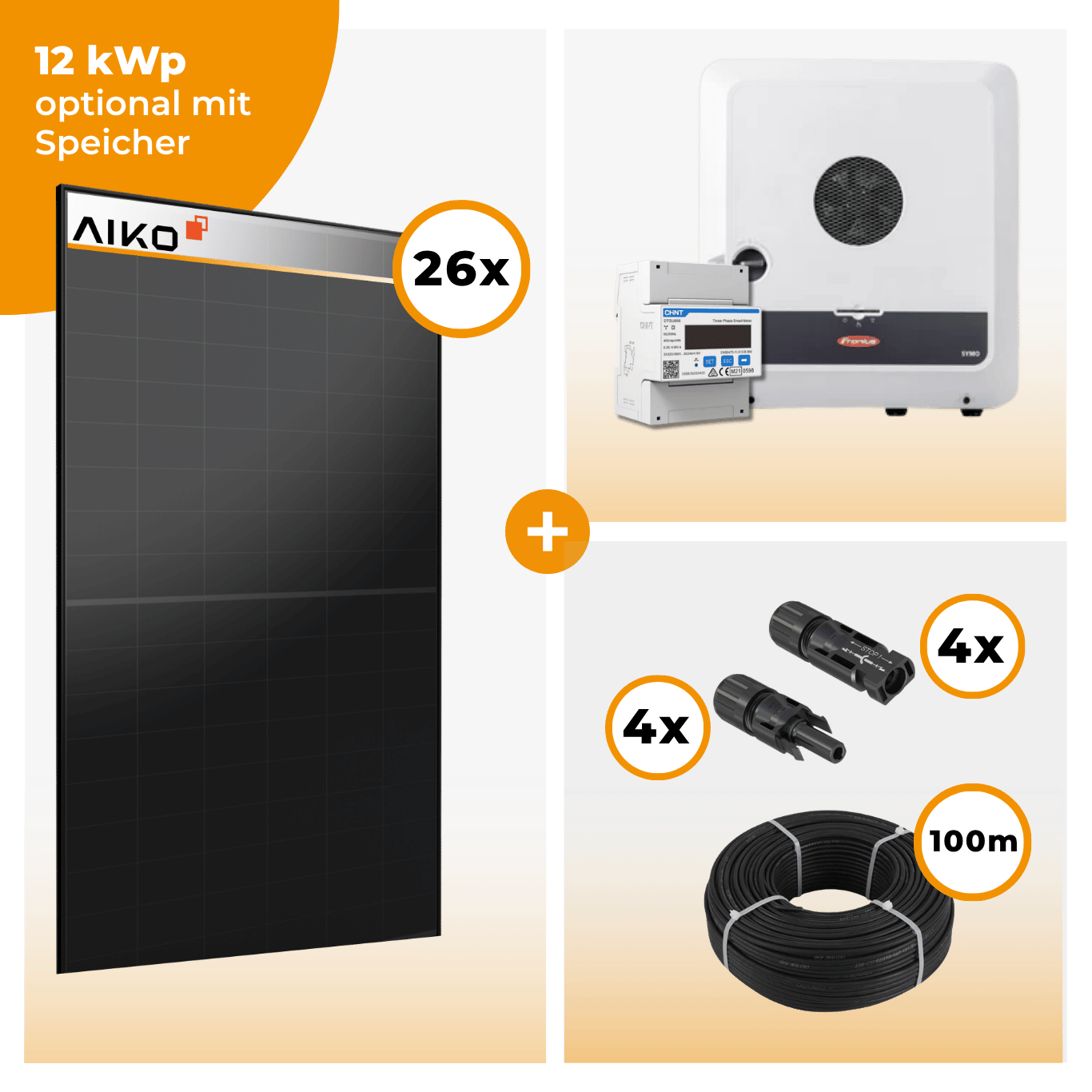 PV Komplettset 12 kWp – 26 x Aiko 470 Neostar 3S+ & Fronius Symo GEN24 SC Plus opt. Fronius Reserva Speicher
