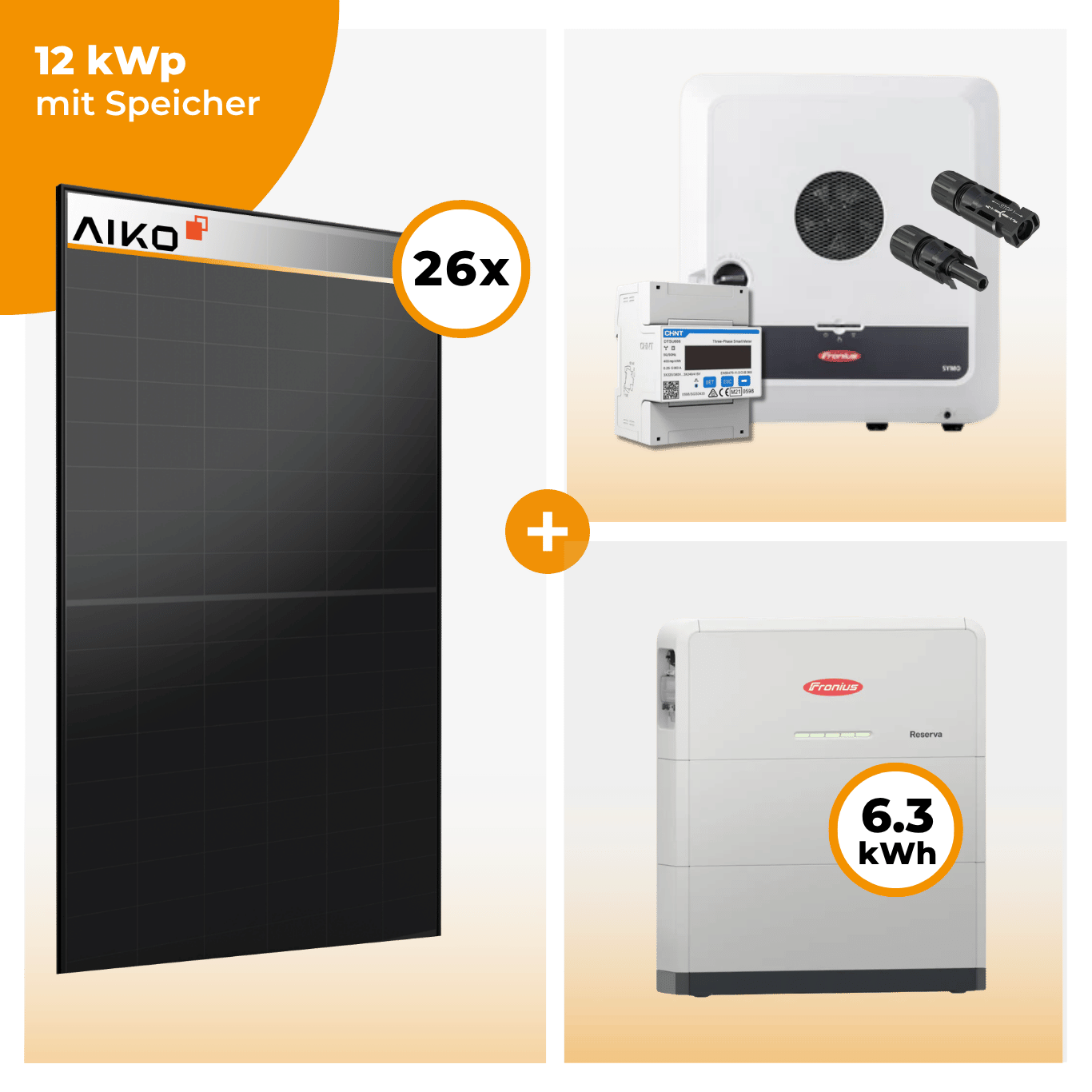 PV Komplettset 12 kWp – 26 x Aiko 470 Neostar 3S+ & Fronius Symo GEN24 SC Plus opt. Fronius Reserva Speicher