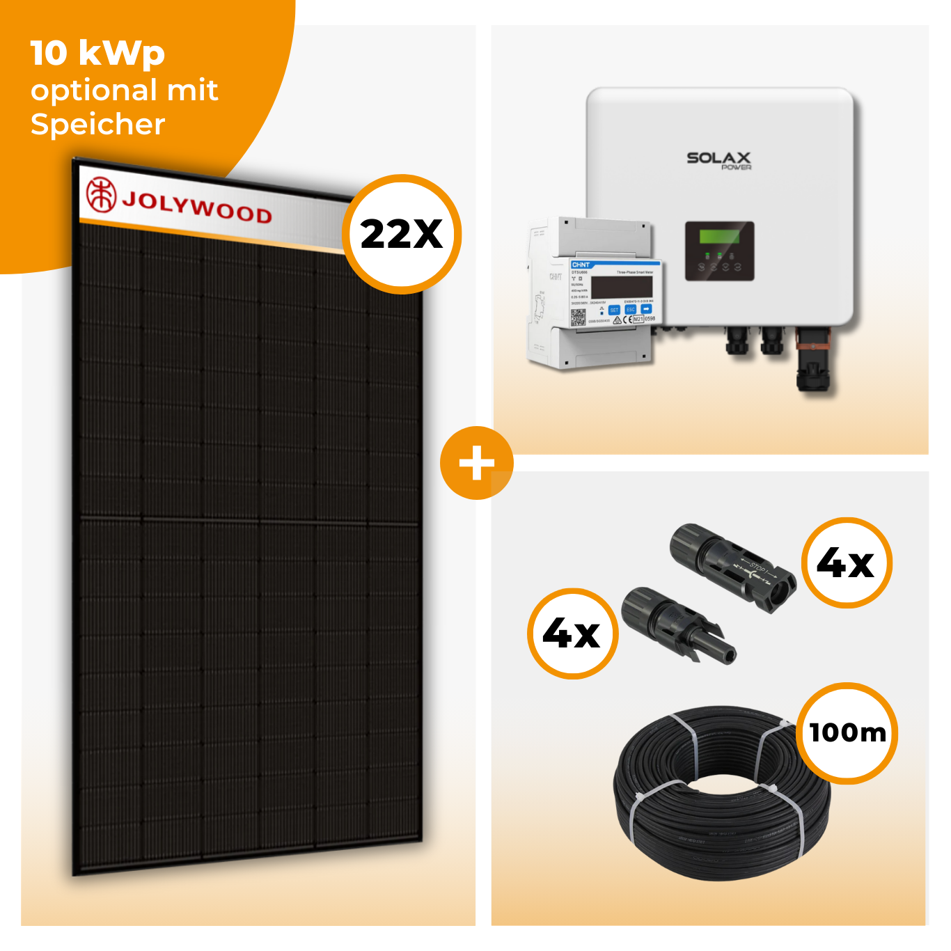 PV Komplettset 10 kWp – 22 x Jolywood 455 Full Black & Solax X3 Hybrid opt. T-BAT SYS Speicher