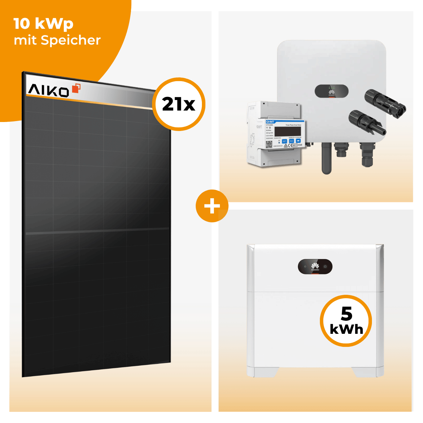 PV Komplettset 10 kWp – 21 x Aiko 470 Neostar 3S+ & Huawei SUN2000 MAP0 opt. Huawei LUNA2000 Speicher