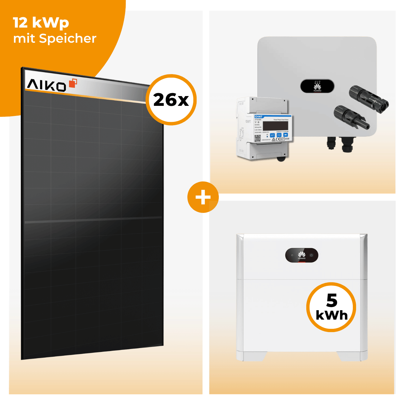 PV Komplettset 12 kWp – 26 x Aiko 470 Neostar 3S+ & Huawei SUN2000 MAP0 opt. Huawei LUNA2000
