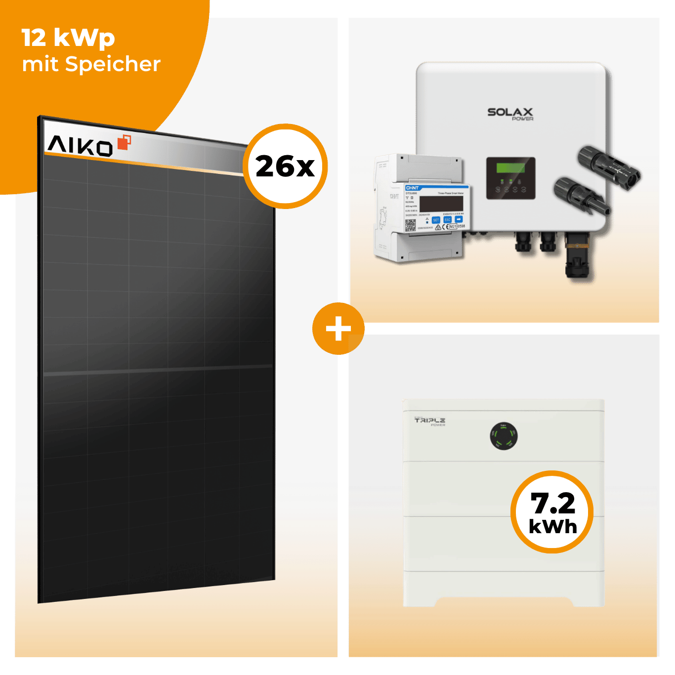 PV Komplettset 12 kWp – 26 x Aiko 470 Neostar 3S+ & Solax X3 Hybrid opt. T-BAT SYS Speicher