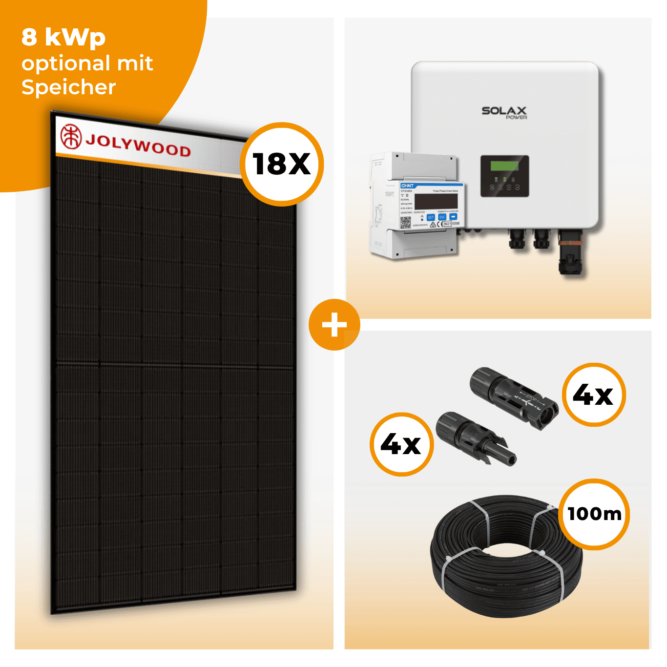 PV Komplettset 8 kWp – 18 x Jolywood 455 Full Black & Solax X3 Hybrid opt. T-BAT SYS Speicher