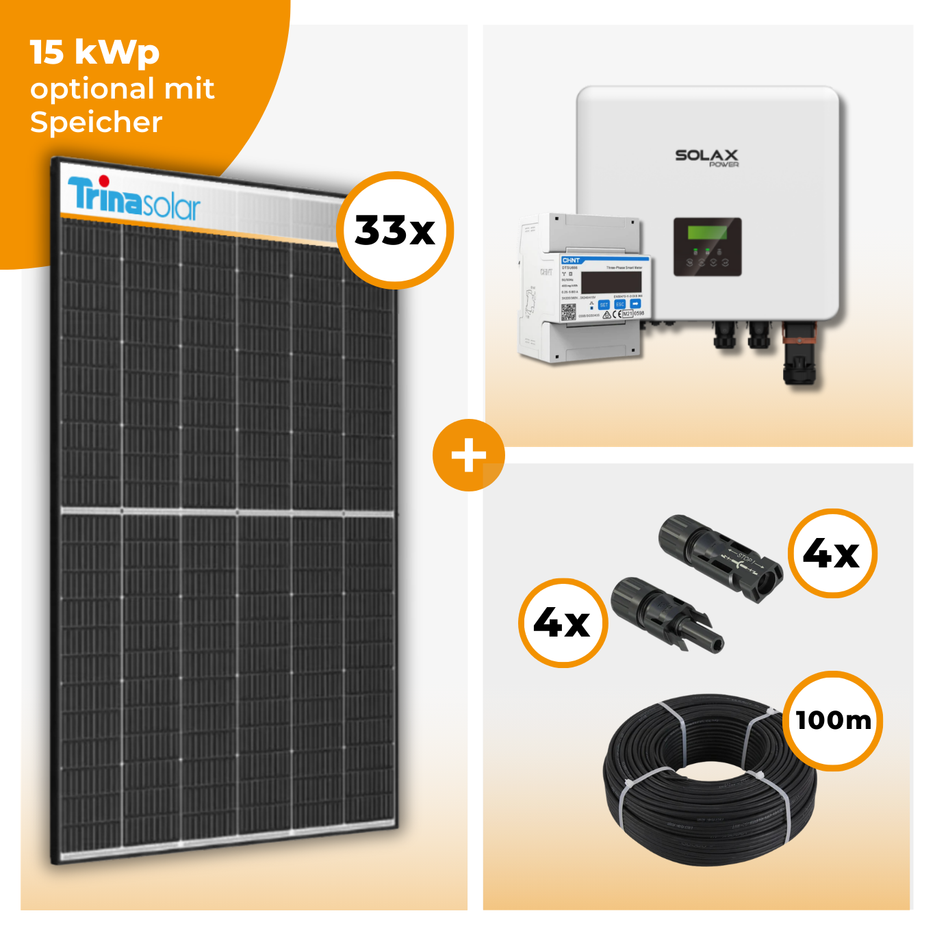 PV Komplettset 15 kWp – 33 x Trina 455 Black Frame & Solax X3 Hybrid opt. T-BAT SYS Speicher
