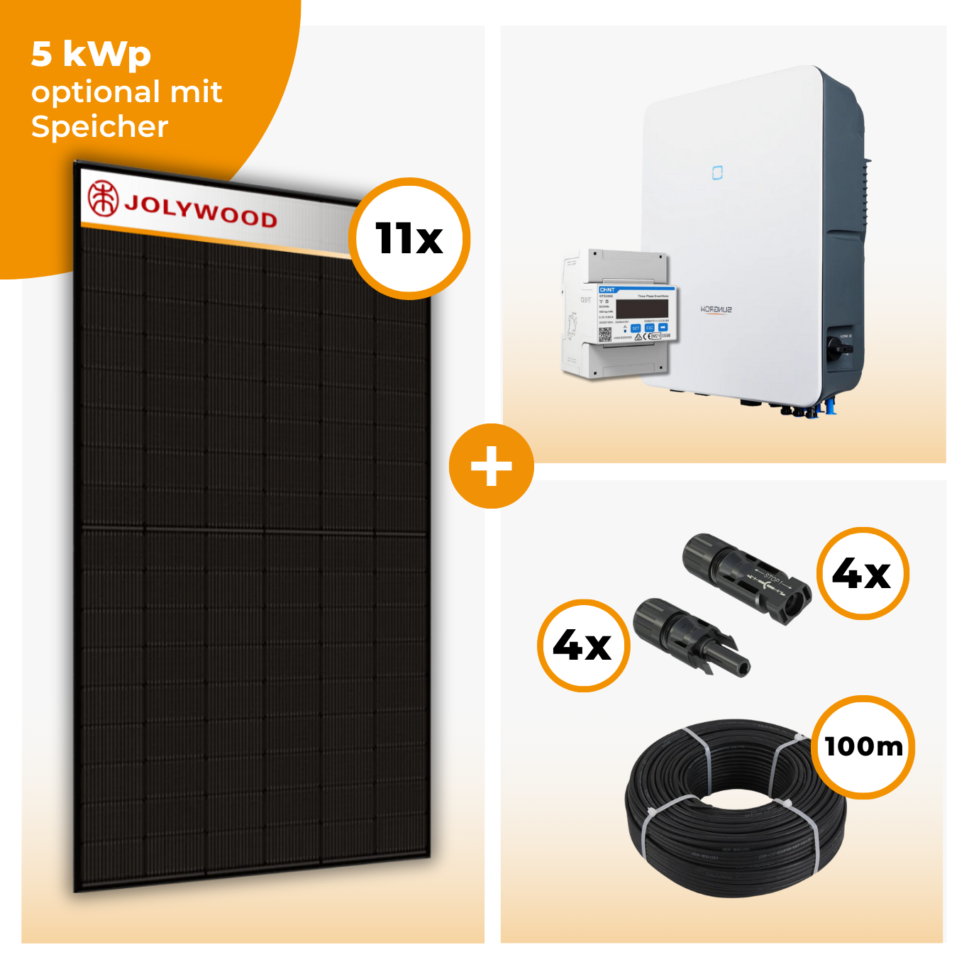 PV Komplettset 5 kWp – 11 x Jolywood 455 Full Black & Sungrow Hybrid opt. SBR Speicher